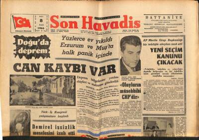 Son Havadis Gazetesi 8 Mart 1966 - Doğuda Deprem , Yüzlerce Ev Yıkıldı Erzurum Ve Muşta Halk Panik İçinde GZ77414 - 1
