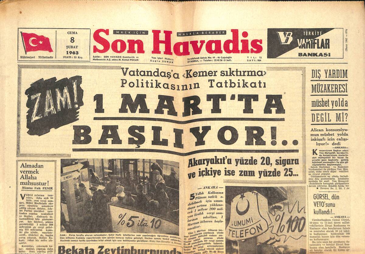 Son Havadis Gazetesi 8 Şubat 1963 - Rızapaşa Hanının Çatısı Yandı - İstanbul'da 71 Bin Gecekondu Var !.. GZ142722 - 1