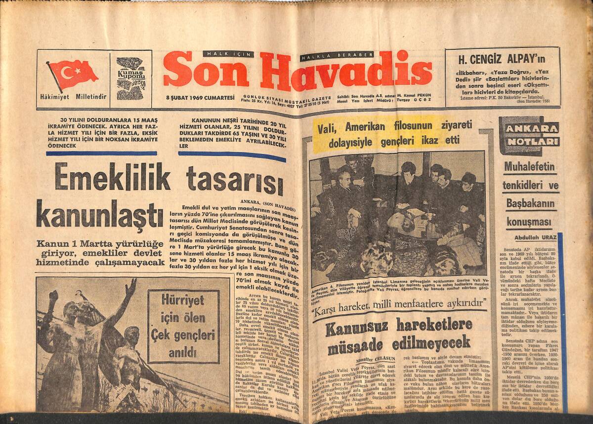 Son Havadis Gazetesi 8 Şubat 1969 - Hülya Koçyiğit Tükenmiş - Nixon , 23 Şubatta Avrupa'ya Gidiyor GZ158772 - 1