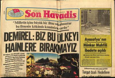 Son Havadis Gazetesi 9 Ağustos 1980 - Ayasofyanın Hünkar Mahfili İbadete Açıldı GZ69074 - 1