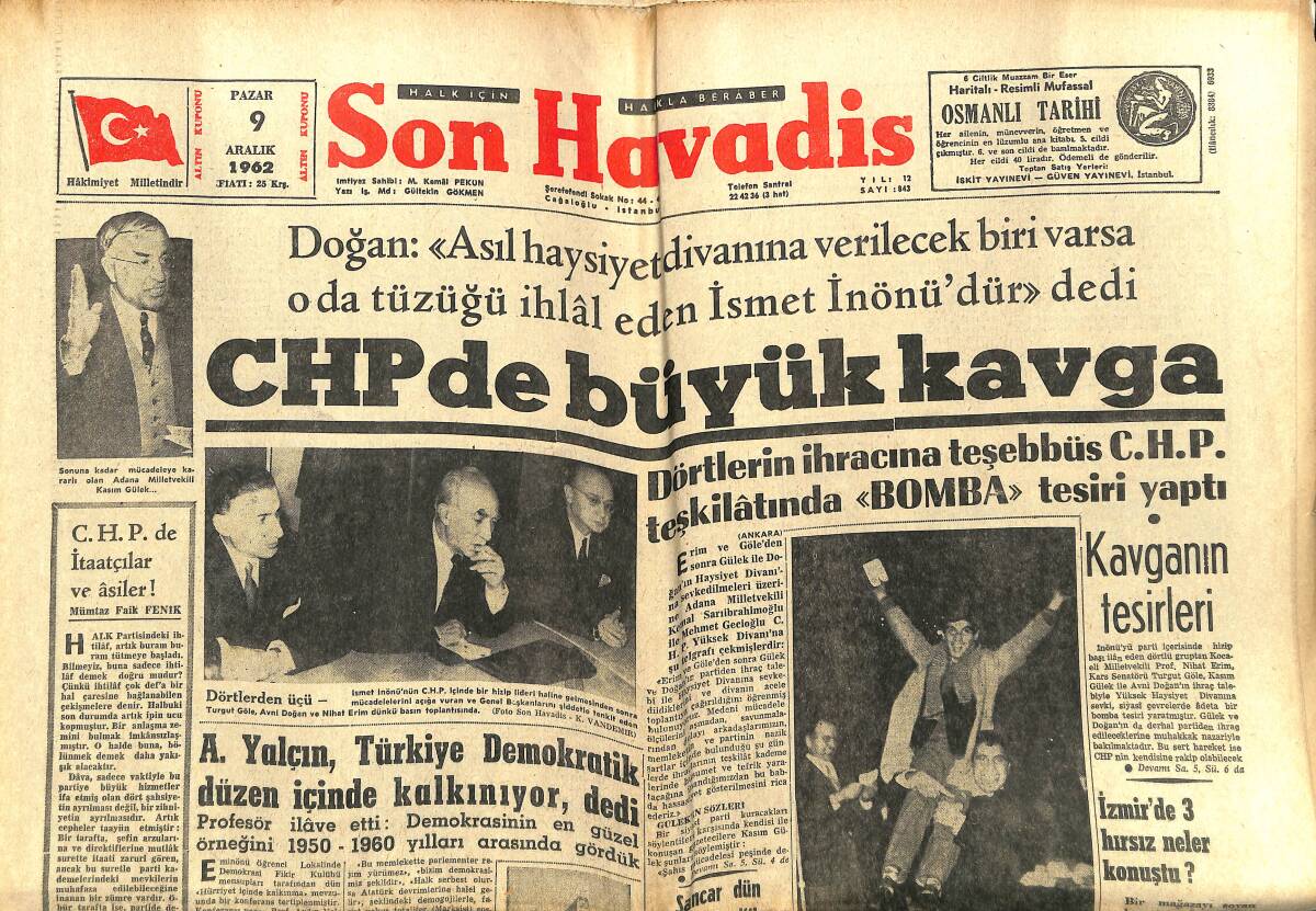 Son Havadis Gazetesi 9 Aralık 1962 - CHP'de Büyük Kavga - Londra Zehirli Sisten Kurtuldu! - Kürtlük Damgası GZ142836 - 1