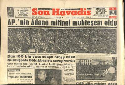 Son Havadis Gazetesi 9 Ekim 1961 - APnin Adana Mitingi Muhteşem Oldu GZ113380 - 1