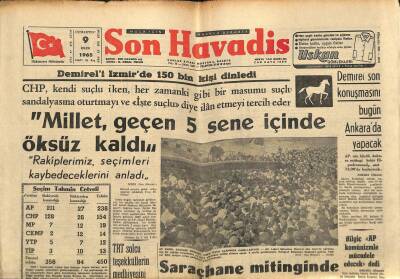 Son Havadis Gazetesi 9 Ekim 1965 - Saraçhane Mitinginde Komünizm Telin Edildi - Beylerbeyinde 8 Ev Yandı GZ120981 - 1
