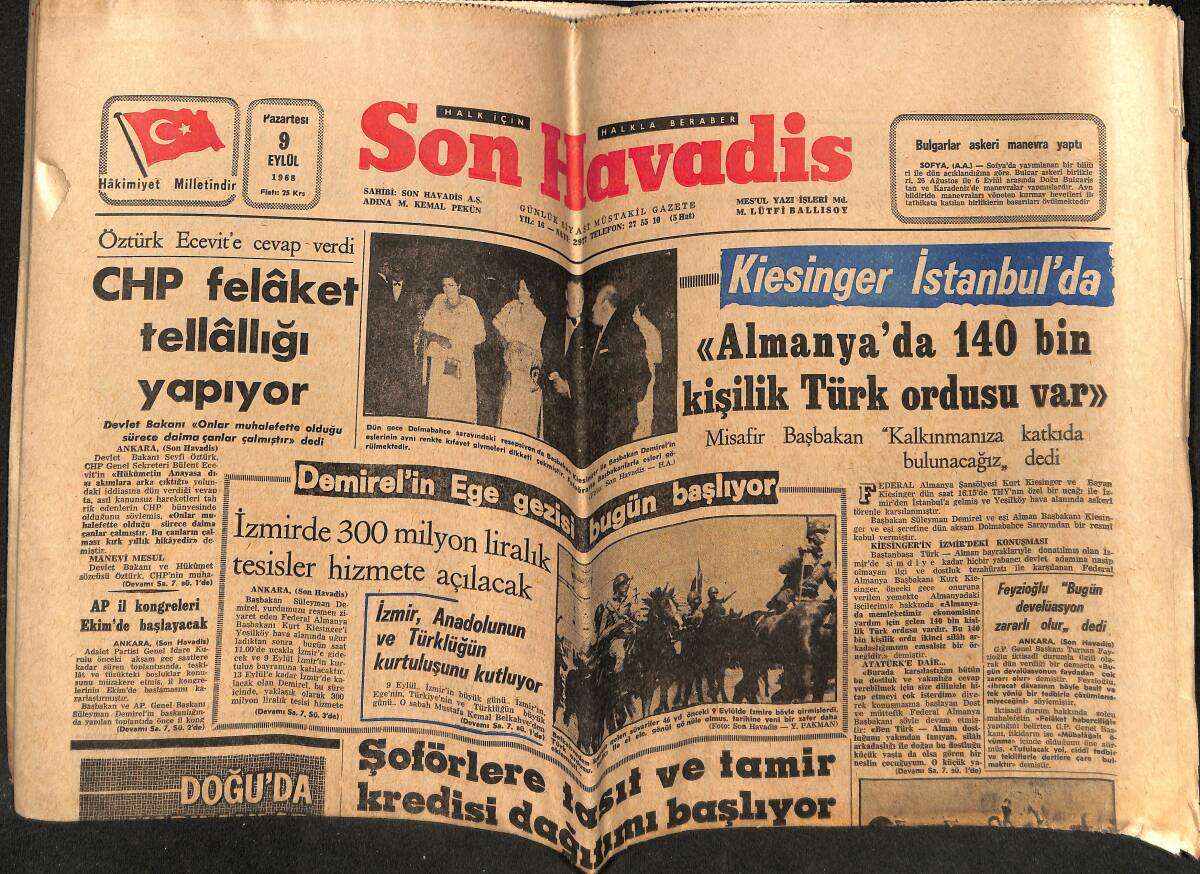 Son Havadis Gazetesi 9 Eylül 1968 - Almanya'da 140 Bin Kişilik Türk Ordusu Var - Hamido İşten Çıkarılışına Çok Üzülmüş GZ148945 - 1