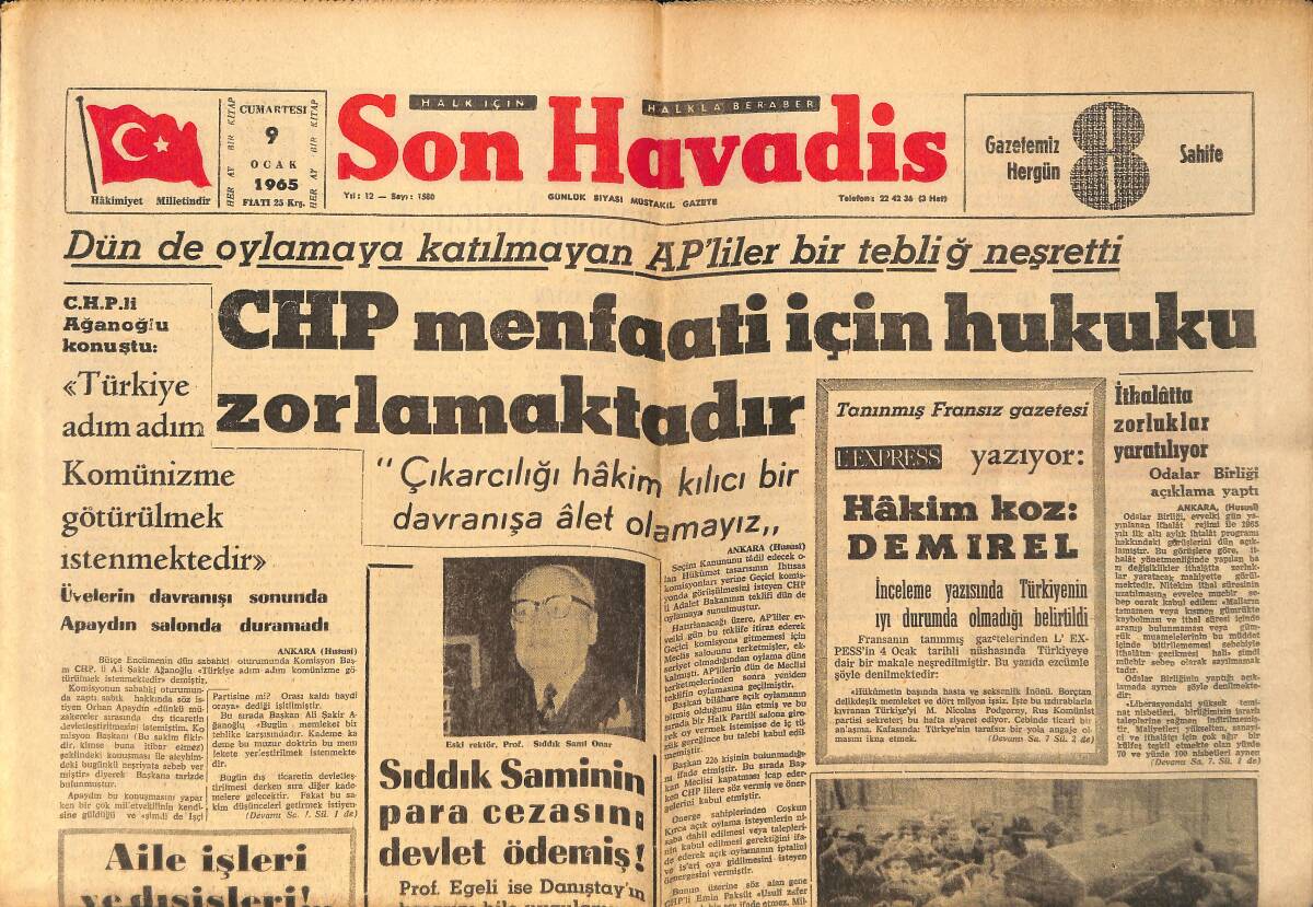 Son Havadis Gazetesi 9 Ocak 1965 - Sıddık Saminin Para Cezasını Devlet Ödemiş ! GZ158796 - 1