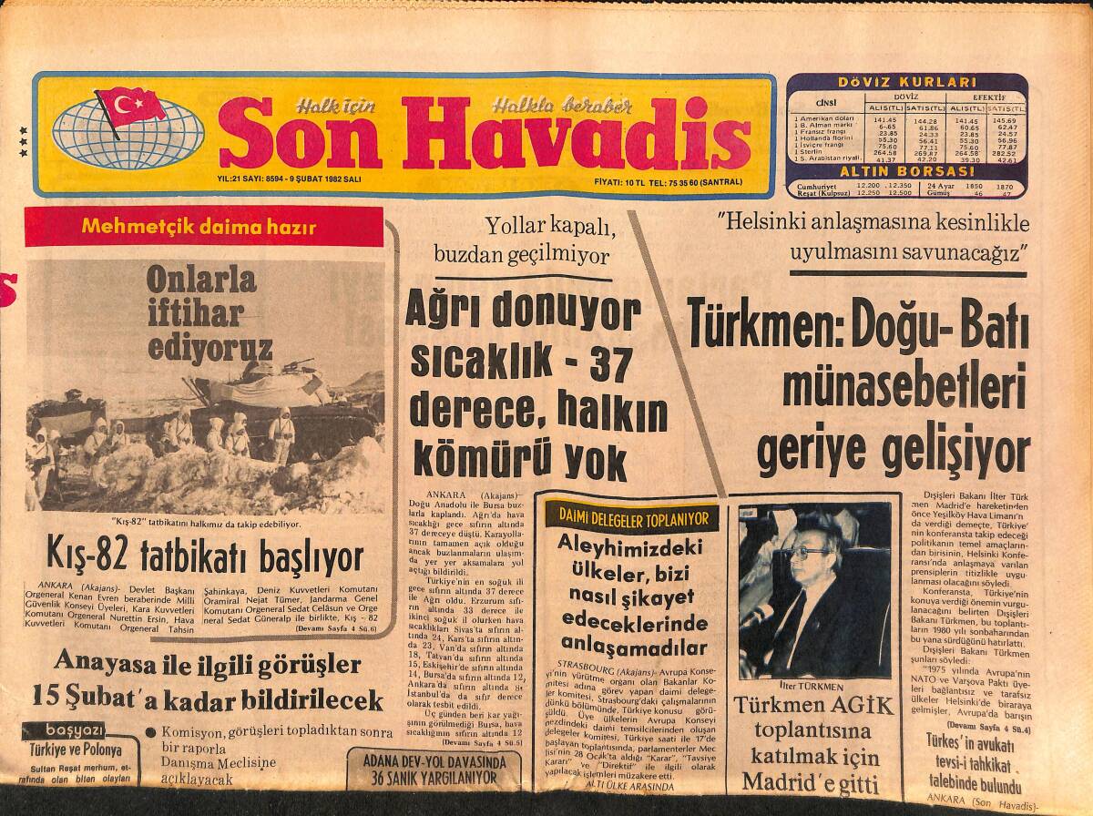 Son Havadis Gazetesi 9 Şubat 1982 - Ağrı Donuyor Sıcaklık -37 Derece , Halkın Kömürü Yok GZ149680 - 1