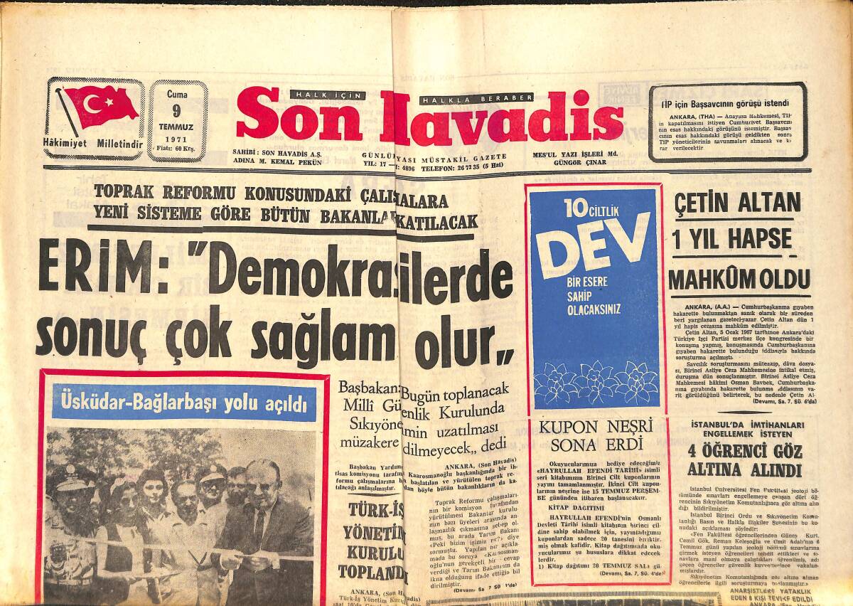 Son Havadis Gazetesi 9 Temmuz 1971 - Müzik Elçisi Nesrin Sipahi - Çetin Altan 1 Yıl Hapse Mahkum Oldu GZ158850 - 1