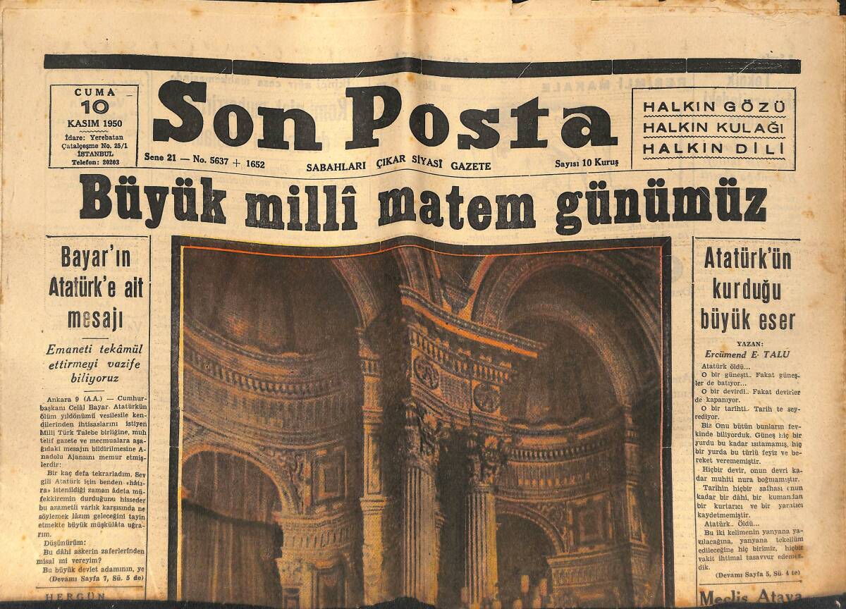Son Posta Gazetesi 10 Kasım 1950 - Bütün Türk Milleti O'nu Tazim Ve Minnetle Anıyor GZ133334 - 1