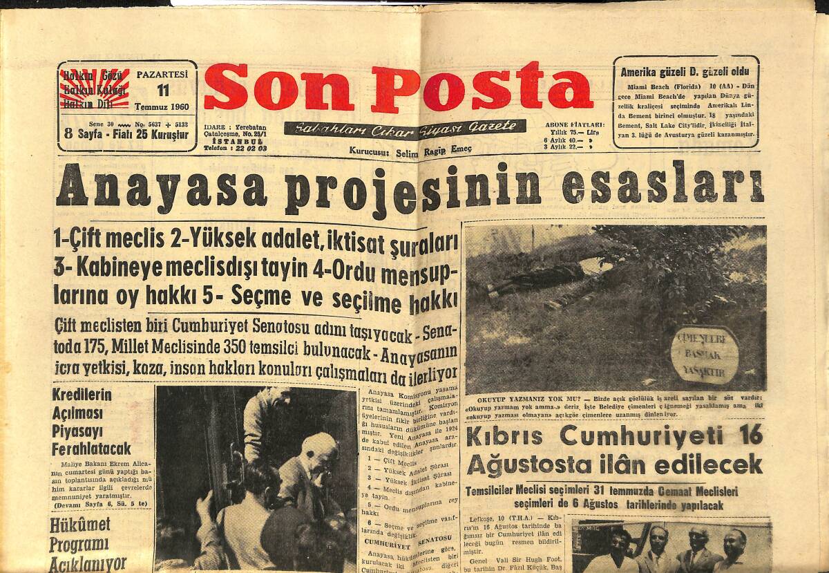 Son Posta Gazetesi 11 Temmuz 1960 - Kıbrıs Cumhuriyeti 16 Ağustos&prime;ta İlân Edilecek - İzmit Körfezinde Deniz Kazası GZ149938 - 1