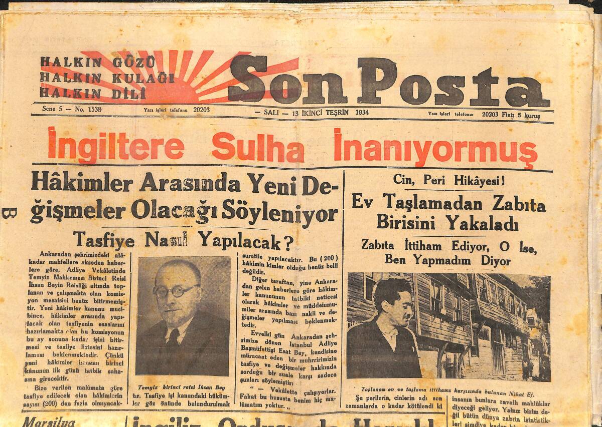 Son Posta Gazetesi 13 Kasım 1934 - İngilizler Türklerin Harpte Gösterdikleri Meziyetten Bahsediyorlardı - Alman Heyeti Şehrimizde GZ141389 - 1