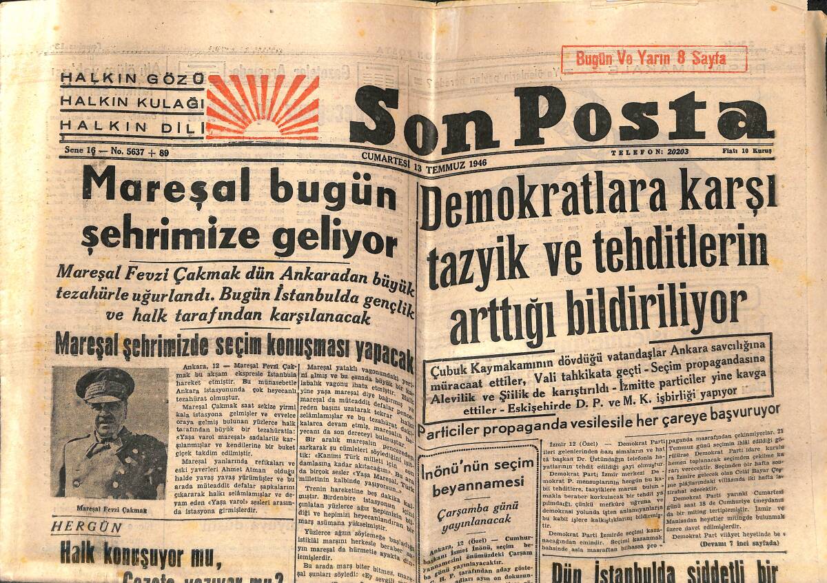 Son Posta Gazetesi 13 Temmuz 1946 - Mareşal Fevzi Çakmak Bugün Şehrimize Geliyor GZ141994 - 1