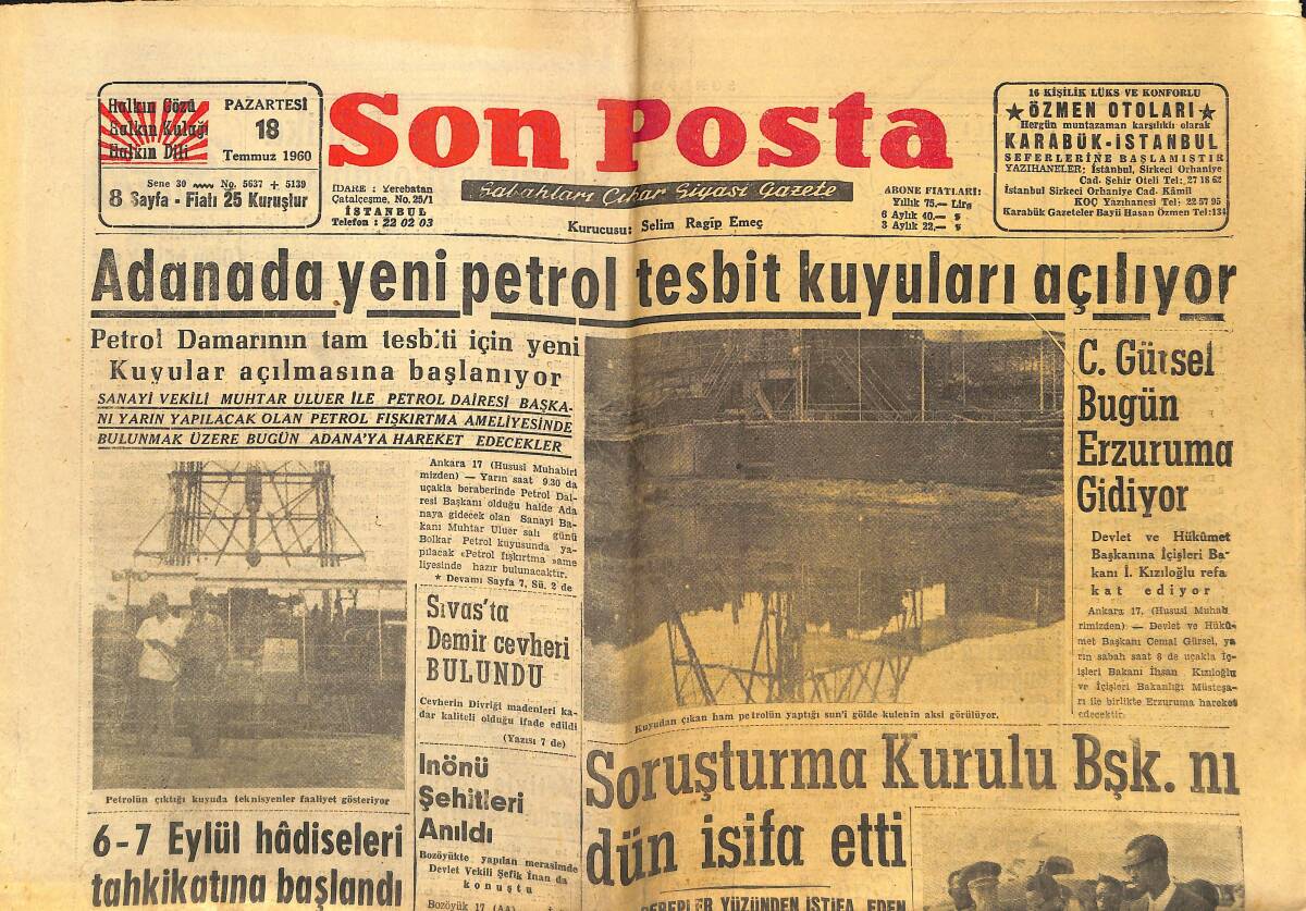 Son Posta Gazetesi 18 Temmuz 1960 - Adana&prime;da Yeni Petrol Tesbit Kuyuları Açılıyor - Polonya Kongoya Silah Yolluyor GZ149940 - 1