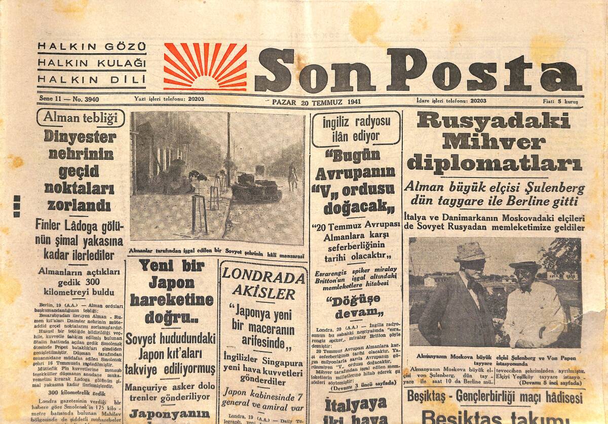 Son Posta Gazetesi 20 Temmuz 1941 - Rusyadaki Mihver Diplomatları - Bulgar Başvekili Romada GZ141119 - 1