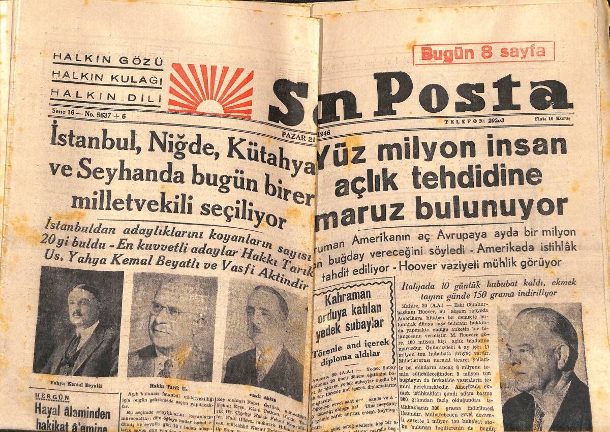 Son Posta Gazetesi 21 Nisan 1946 - Yüz Milyon İnsan Açlık Tehdidine Maruz Bulunuyor - Moskova Radyosu Türkiye'ye Karşı Tekrar Taarruza Geçmiş GZ141995 - 1