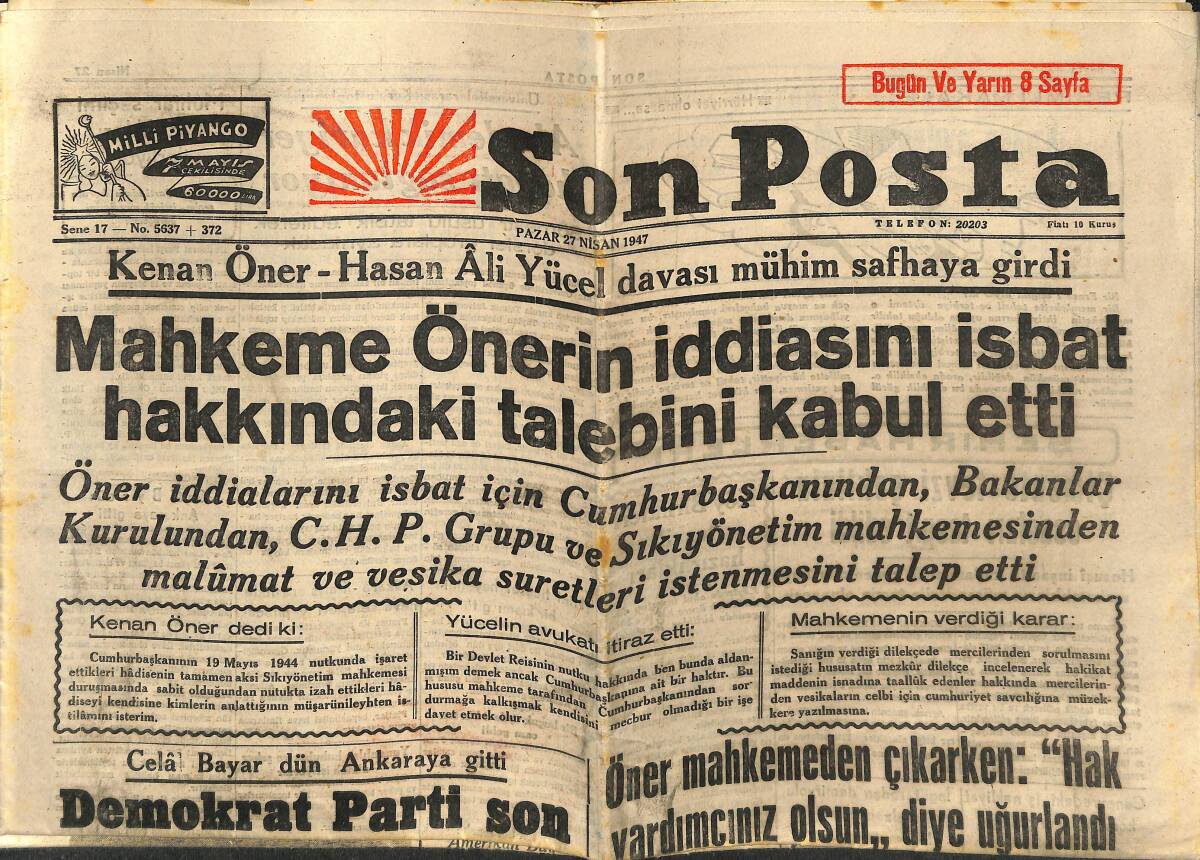 Son Posta Gazetesi 27 Nisan 1947 - Kenan Öner-Hasan Ali Yücel Davası Mühim Safhaya Girdi - Fransız Sahne Sanatkarları Ankara'da GZ146831 - 1