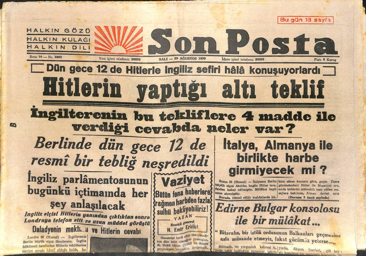 Son Posta Gazetesi 29 Ağustos 1939 - Hitlerin Yaptığı Altı Teklif - Fransız-Alman Hududu Kapatıldı GZ141104 - 1