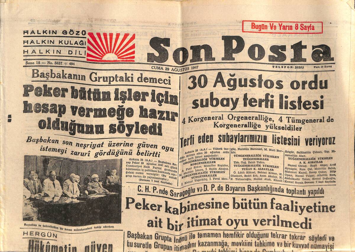 Son Posta Gazetesi 29 Ağustos 1947 - Türkiye'ye 52 Milyon Dolarlık Silah Ve Cephane Gönderiliyor - Peker Bütün İşleri İçin Hesap Vermeye Hazır GZ146605 - 1