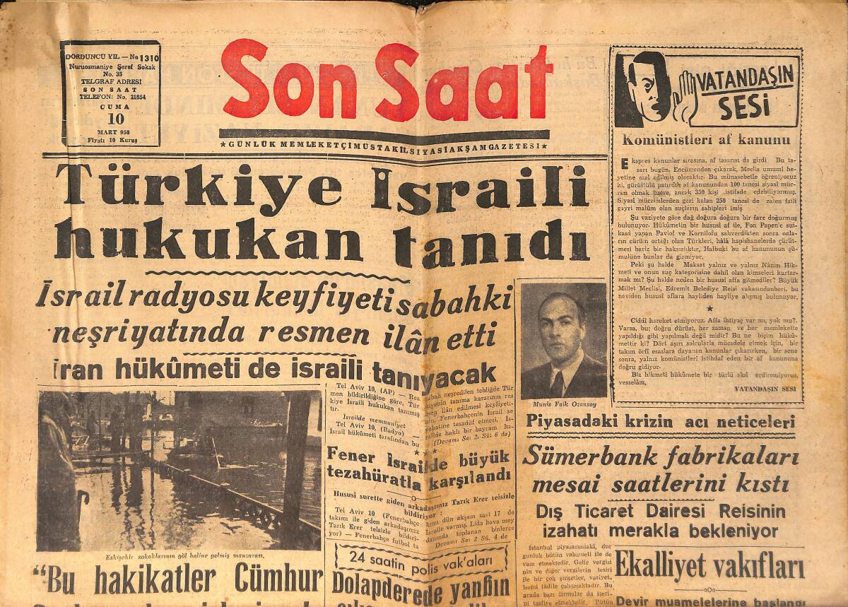 Son Saat Gazetesi 10 Mart 1950 - Sümerbank Fabrikaları Mesai Saatlerini Kıstı - Türkiye İsrail'i Hukukan Tanıdı GZ159156 - 1