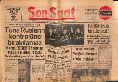 Son Saat Gazetesi 12 Ağustos 1948 - Bernadotteun Yeni Beyanatı - Tuna Rusların Kontrolüne Bırakılamaz GZ119253 - 1
