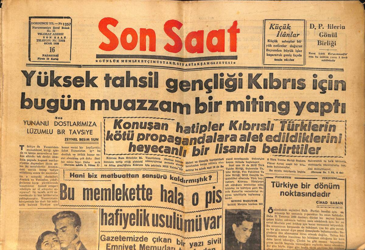 Son Saat Gazetesi 16 Ocak 1950 - Celâl Bayar Kırşehir'de - Yüksek Tahsil Gençliği Kıbrıs İçin Bugün Muazzam Bir Miting Yaptı GZ159147 - 1