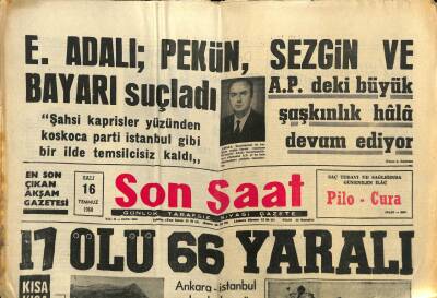 Son Saat Gazetesi 16 Temmuz 1968 - E. Adalı Pekün , Sezgin Ve Bayarı Suçladı GZ93403 - 1