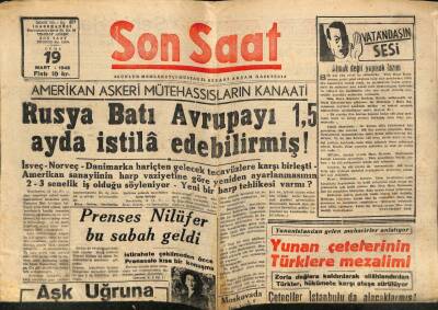 Son Saat Gazetesi 19 Mart 1948 - Prenses Nilüfer Bu Sabah Şehrimize Geldi GZ71366 - 2