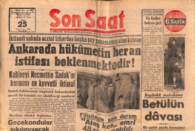 Son Saat Gazetesi 25 Mayıs 1948 - Kabineyi Necmettin Sadakın Kurması Muhtemel GZ71066 - 2
