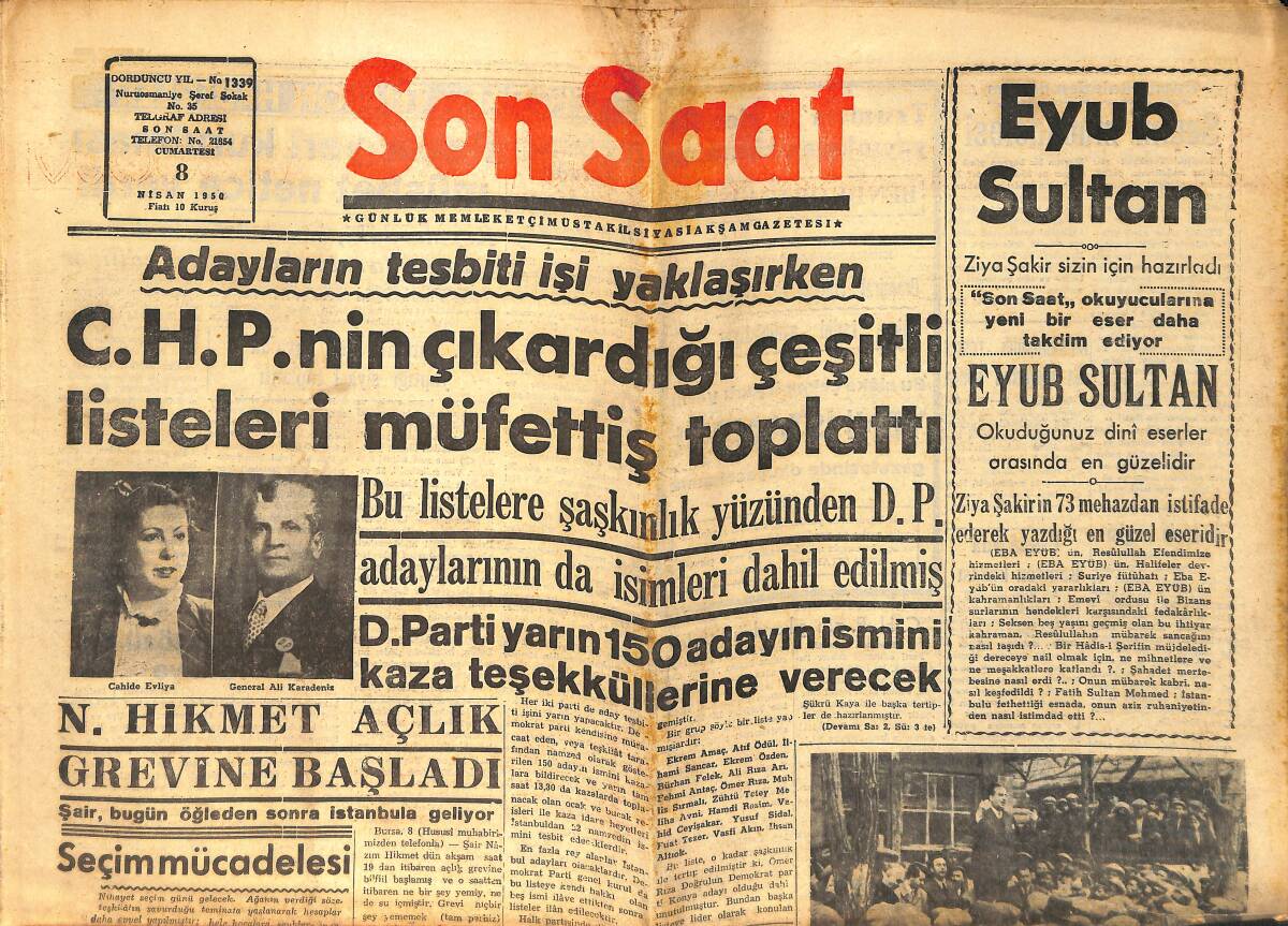 Son Saat Gazetesi 8 Nisan 1950 - N.Hikmet Açlık Grevine Başladı - Marshall Yardımından 35 Milyon Lira Aldık GZ159148 - 1