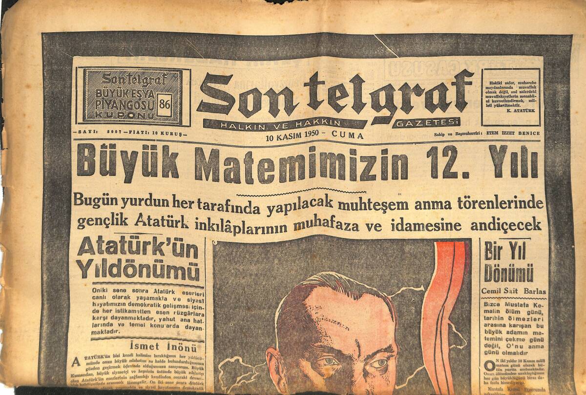 Son Telgraf Gazetesi 10 Kasım 1950 - Ulu Önder Mustafa Kemal Atatürk'ü 12.Yıldönümün'de Saygı ve Özlemle Anıyoruz GZ133329 - 1