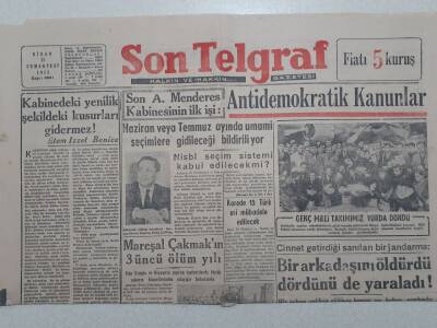 Son Telgraf Gazetesi - 11 Nisan 1953 - Antidemokratik Kanunları, Mareşal Çakmakın 3. Ölüm Yılı GZ112726 - 1