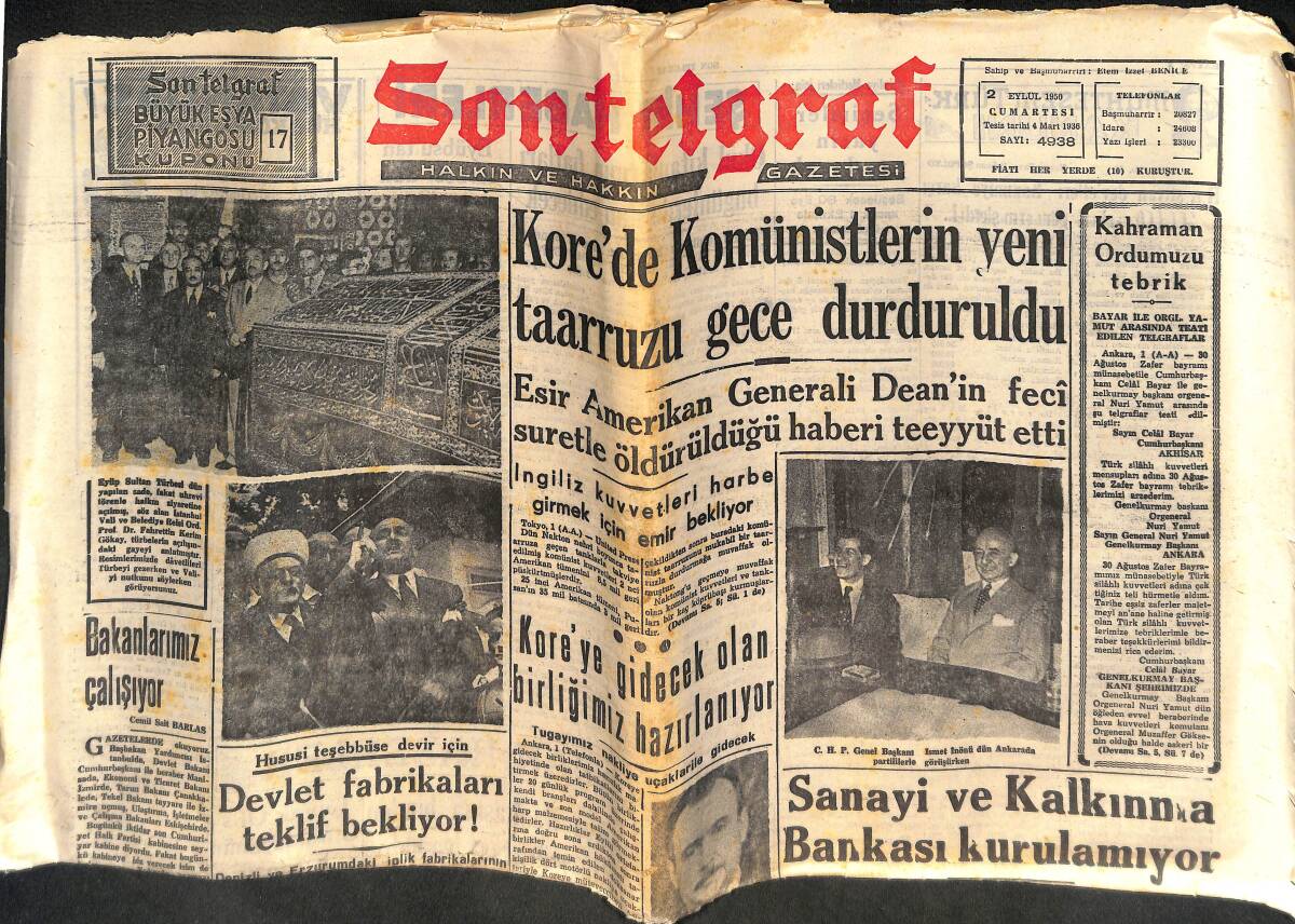 Son Telgraf Gazetesi 2 Eylül 1950 - Sanayi Ve Kalkınma Bankası Kurulamıyor - Truman Mac Arthur'le Uzlaştı GZ142421 - 1