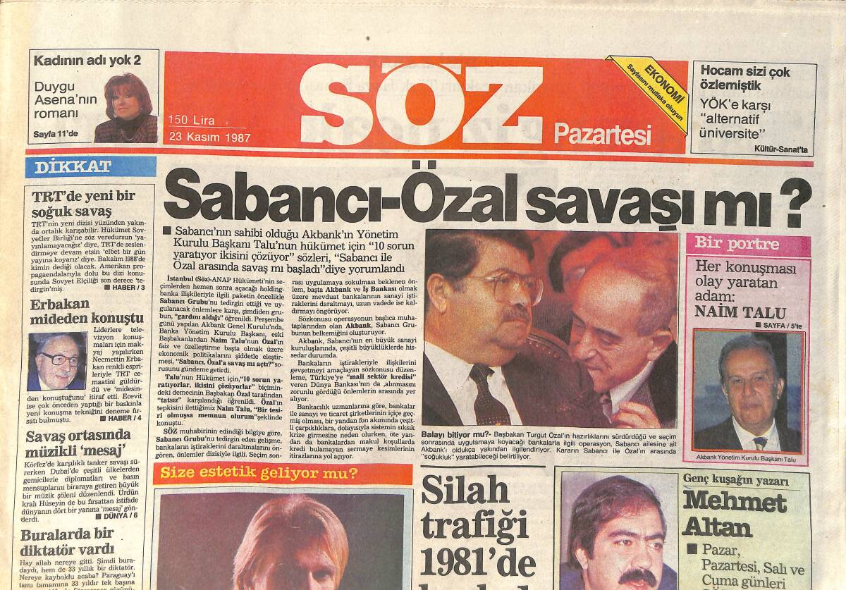 Söz Gazetesi 23 Kasım 1987 - Sabancı-Özal Savaşı Mı - Esrarengiz Uçak'ın Sırrı GZ2392 - 1
