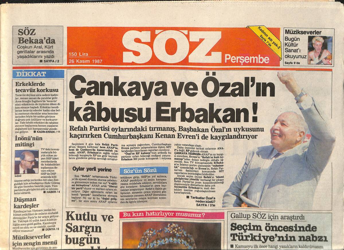 Söz Gazetesi 26 Kasım 1987 - Çankaya Ve Özal'ın Kabusu Erbakan - Şivancıların Lideri: Şimdi Hedef Türkiye GZ3354 - 1