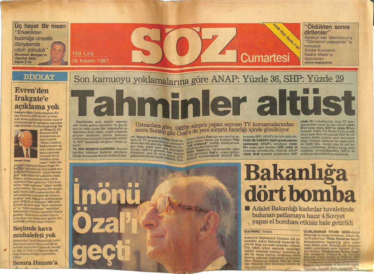 Söz Gazetesi 28 Kasım 1987 - Perihan Savaş: Oyum İnönü'ye - Tanju Gol Atarsa Dayak Yer! GZ145208 - 1