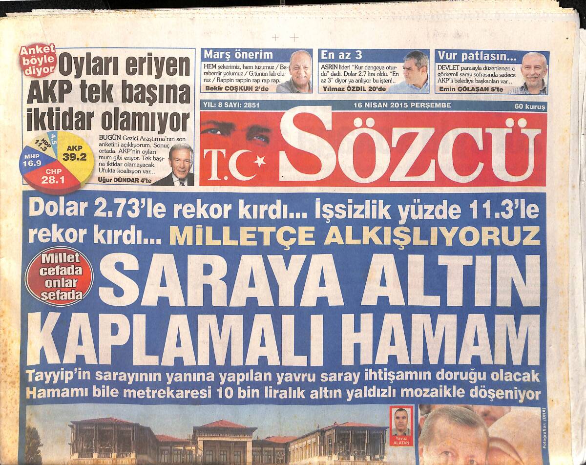 Sözcü Gazete 16 Nisan 2015 - Fenerbahçe Cumhuriyetine Devlet Koruması GZ155016 - 1