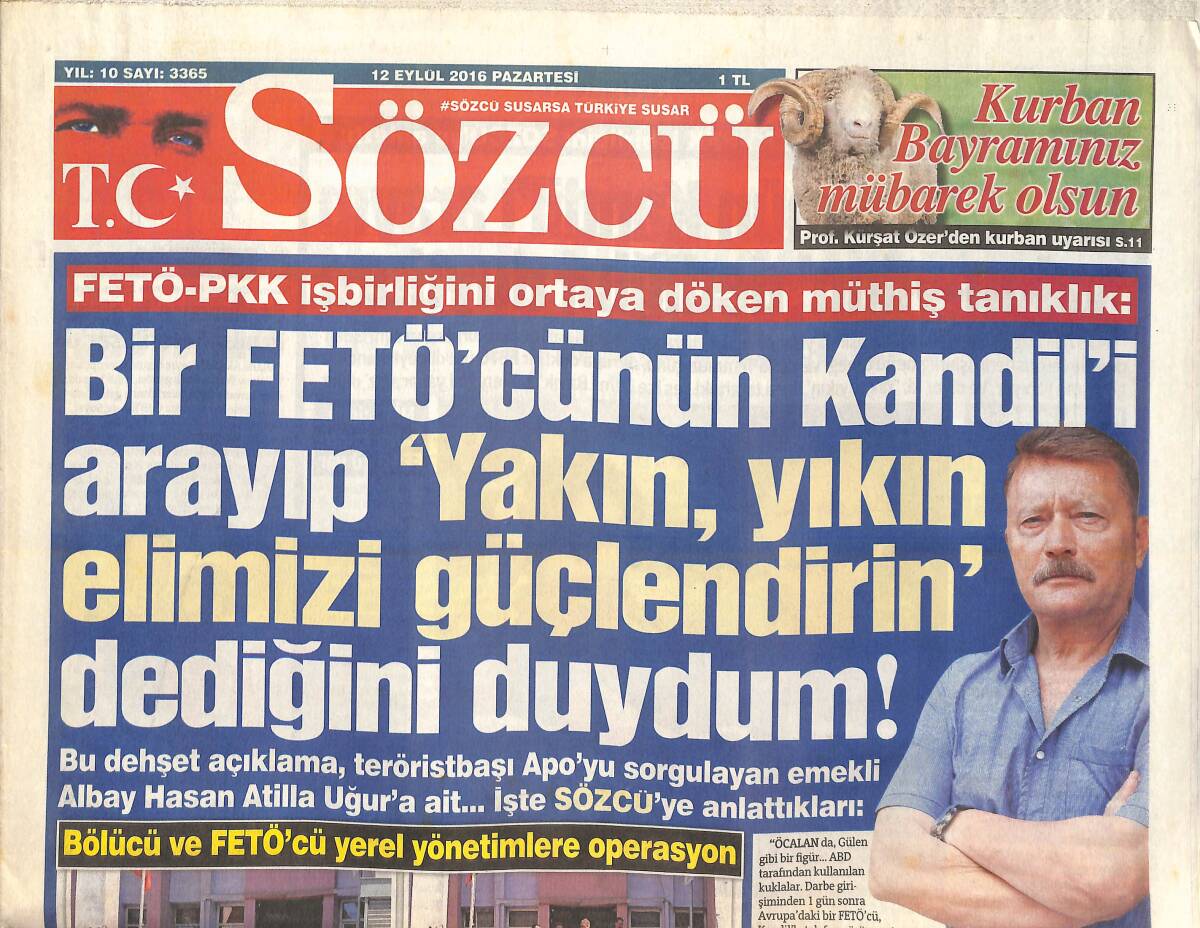 Sözcü Gazetesi 12 Eylül 2016 - Kriptocudan Küstah Tehdit - 28 Belediyeye Kayyum - Bir Bayram İki Suriye! GZ137811 - 1