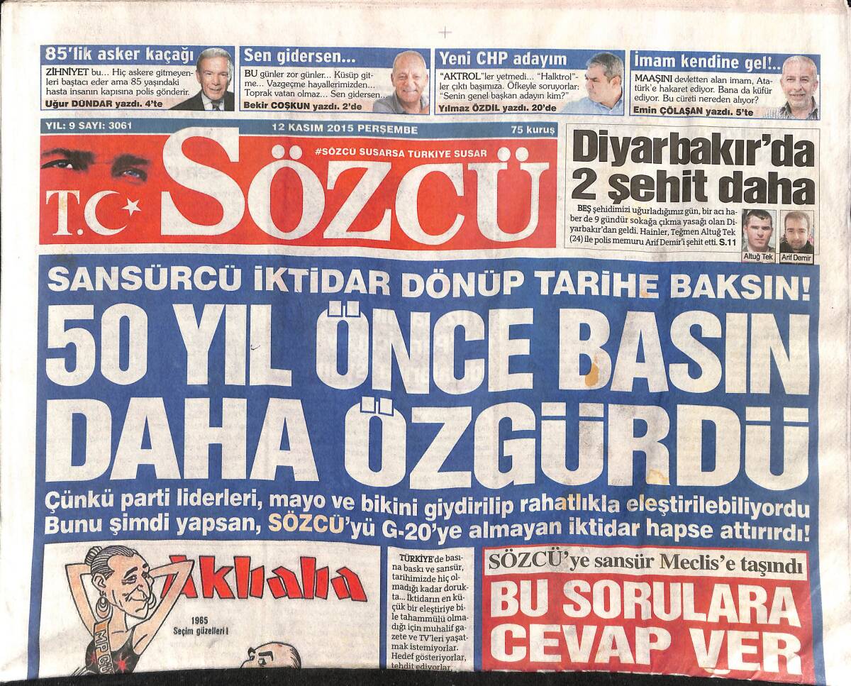 Sözcü Gazetesi 12 Kasım 2015 - Cardozo Bombası - 50 Yıl Önce Basın Daha Özgürdü GZ154941 - 1
