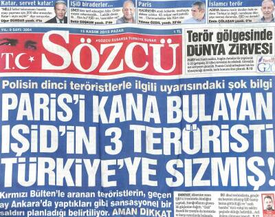 Sözcü Gazetesi 15 Kasım 2015 - Parisi Kana Bulayan Terörist GZ104821 - 1