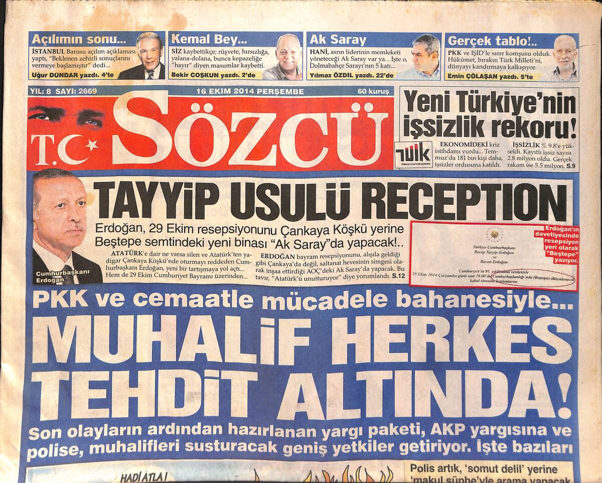 Sözcü Gazetesi 16 Ekim 2014 - Muhalif Herkes Tehdit Altında - Sneijder Parasını Aldı Fenerbahçe'yi Bekliyor GZ154794 - 1