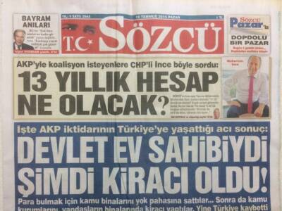 Sözcü Gazetesi 19 Temmuz 2015 - Devlet Ev Sahibi İdi Şimdi Kiracı Oldu GZ29839 - 1