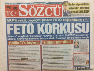 Sözcü Gazetesi 21 Kasım 2016 - Akpli Vekilin Fetö Korkusu GZ29137 - 1