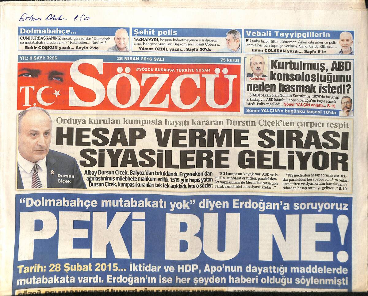 Sözcü Gazetesi 26 Nisan 2016 - Dursun Çiçek 
