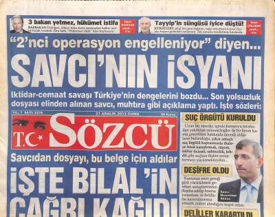 Sözcü Gazetesi 27 Aralık 2013 - Başsavcı Turan Çolakkadı Savcıyı Yalanladı GZ106879 - 1