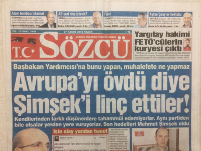 Sözcü Gazetesi 27 Kasım 2016 - Avrupayı Övdü Diye Şimşeki Linç Ettiler GZ29133 - 1