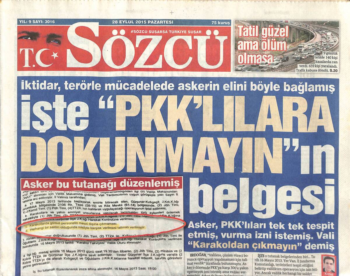 Sözcü Gazetesi 28 Eylül 2015 - Kartal Zirvede - İktidar Terörle Mücadelede Akerlerin Elini Böyle Bağlamış GZ154952 - 1