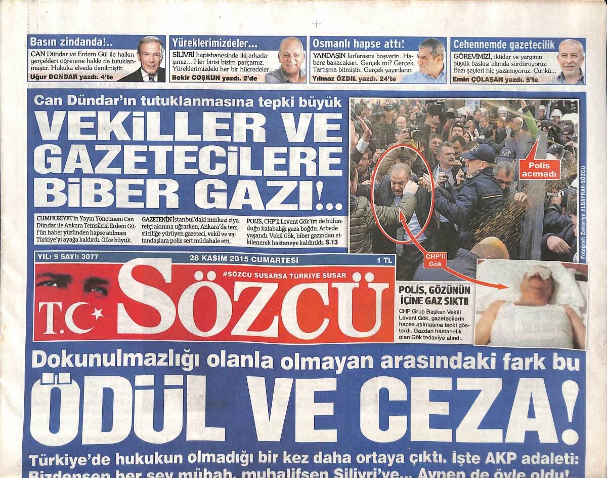 Sözcü Gazetesi 28 Kasım 2015 - Can Dündar'ın Tutuklanmasına Tepki Büyük - Manchester City'den Messi'ye 40 Milyon Pound! GZ136656 - 1