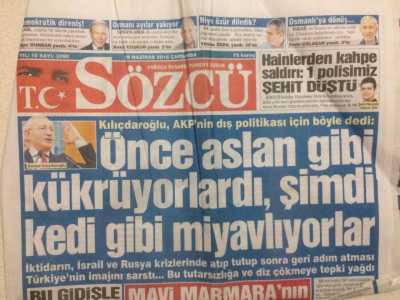 Sözcü Gazetesi 29 Haziran 2016 - Akp Önce Aslan Gibi Kükrüyordu Şimdi Miyavlıyor GZ29118 - 1