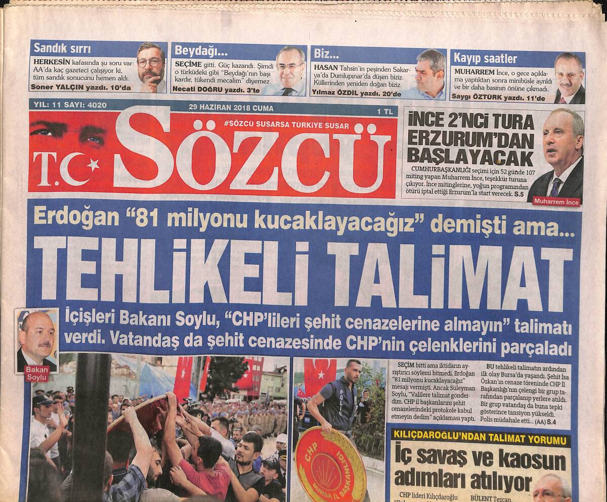 Sözcü Gazetesi 29 Haziran 2018 - Fenerbahçe'de Yeni Dönem Start Aldı - Filistin Türkiye'yi İsrail'e Şikayet Etti GZ154281 - 1