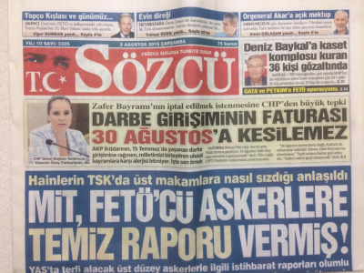 Sözcü Gazetesi 3 Ağustos 2016 - Mit,Fetöcü Askerlere Temiz Raporu Vermiş GZ29123 - 1