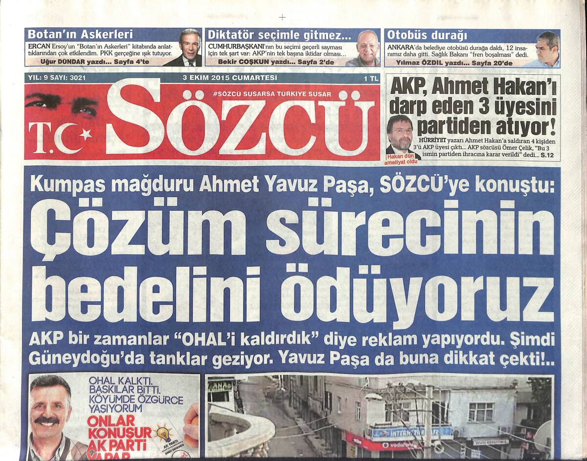 Sözcü Gazetesi 3 Ekim 2015 - Mario Gomez: Şampiyonluk İçin Buradayım - Diyarbakır Sokaklarında Tanklar GZ154970 - 1
